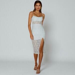 NWT Saints + Secrets Steel Blue Sheer Lace Open Back Side Slit Midi Dress